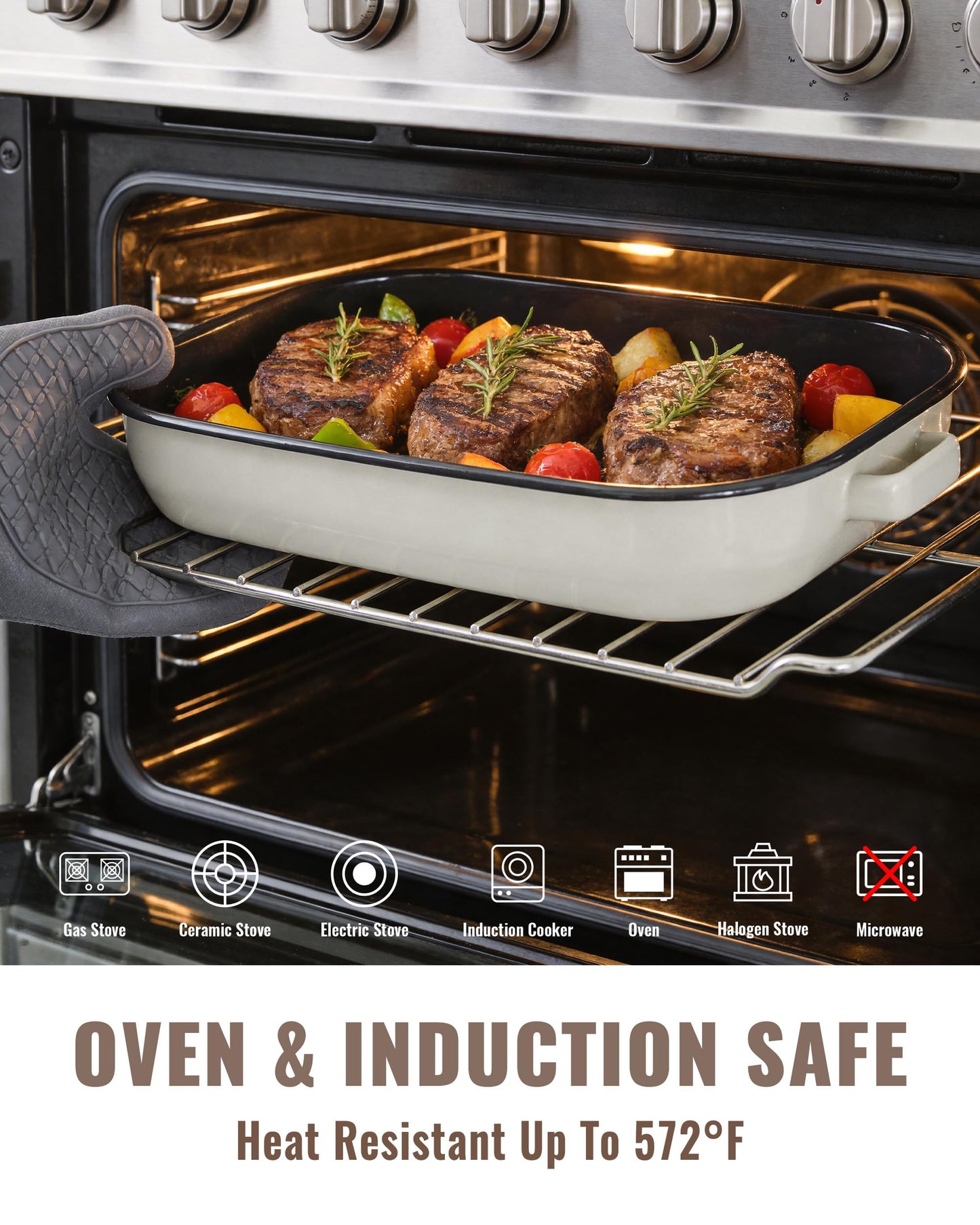 MCCSI Roasting Pan for Oven with Rack 6-Piece Enamel Lasagna Baking Dishes Set 14&17 Inch, 572°F High Temperature Resistance Dishwasher Safe Non-Stick Deep Turkey Roaster Pan Mothers Day Gift Bakeware