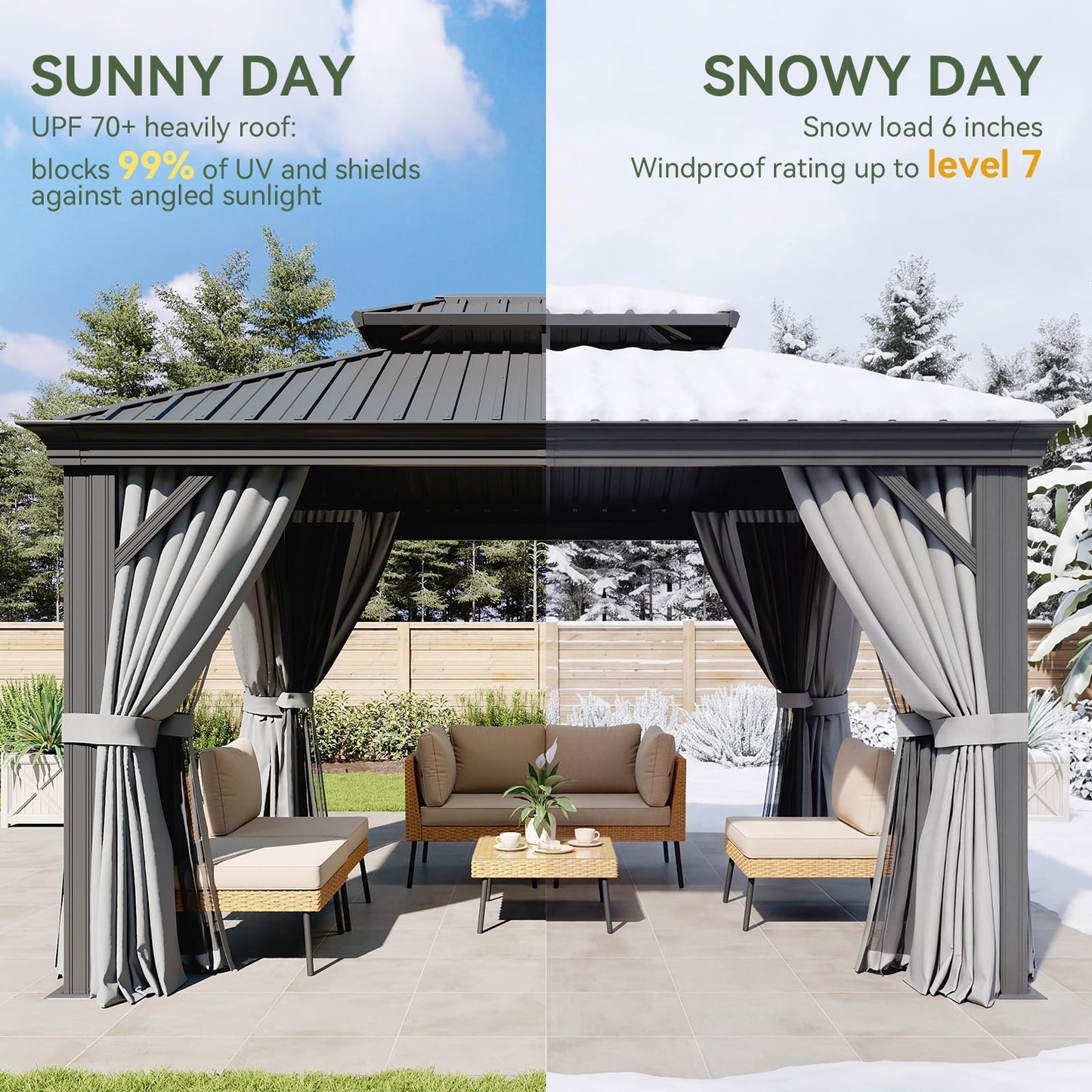 Aoxun 10' x 12' Outdoor Gazebo for Backyard, Hardtop Aluminum Gazebo with Metal Steel Double Roof, Pavilion with Netting and Curtains for Patio Deck Garden, Grey