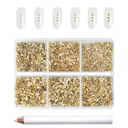 Beadsland 7200pcs Flatback Rhinestones,Gold Rhinestone Nail Gems Round Crystal Rhinestones for Crafts,Mixed 6 Sizes with Wax Pencil Kit, SS3-SS10,Metal Sunlight