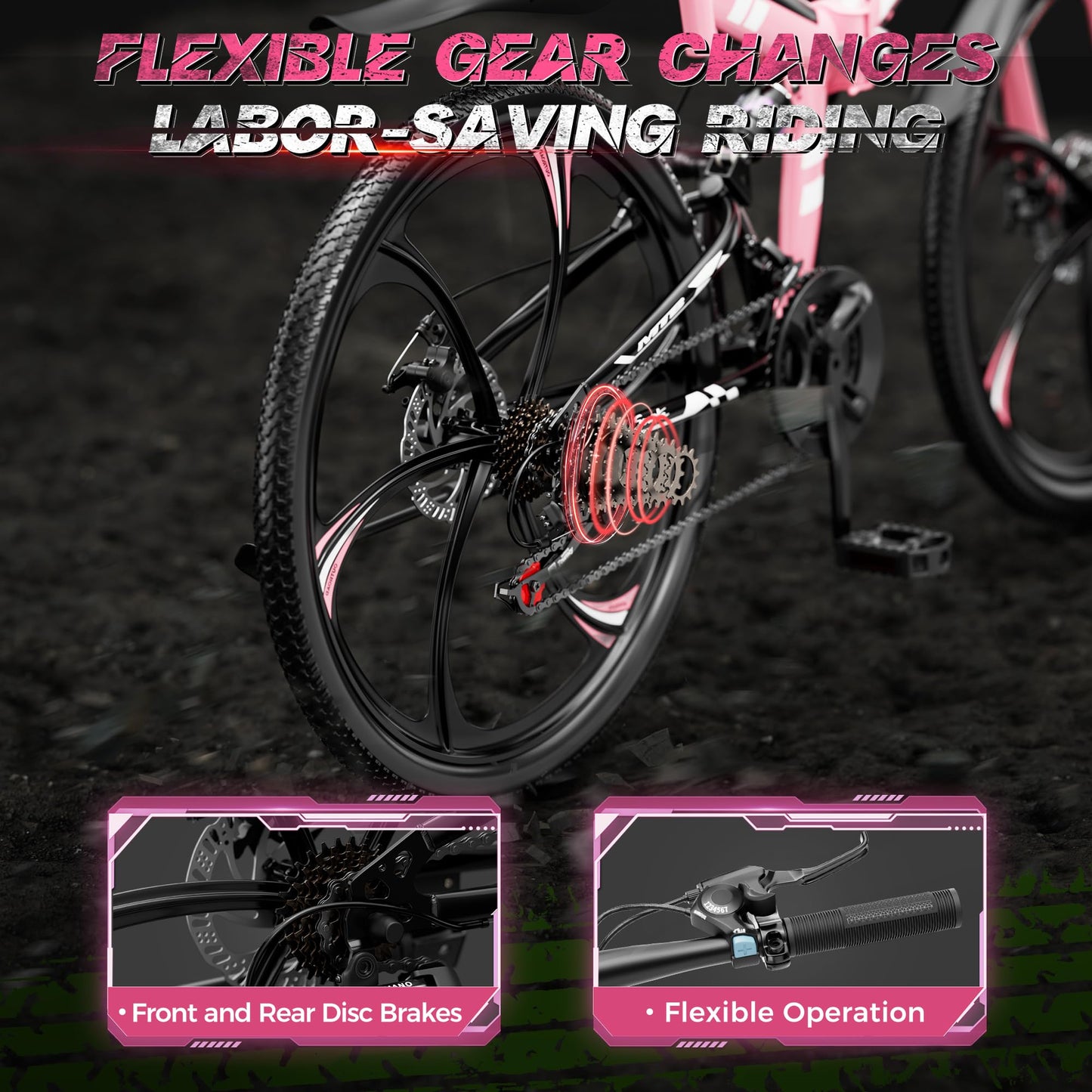 Outroad 26 Inch Folding Mountain Bike for Adults/Men/Women, 21 Speed Full Suspension High-Carbon Steel MTB Foldable Bicycle, Dual Disc Brake Non-Slip Folding Bikes, Pink