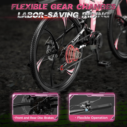 Outroad 26 Inch Folding Mountain Bike for Adults/Men/Women, 21 Speed Full Suspension High-Carbon Steel MTB Foldable Bicycle, Dual Disc Brake Non-Slip Folding Bikes, Pink