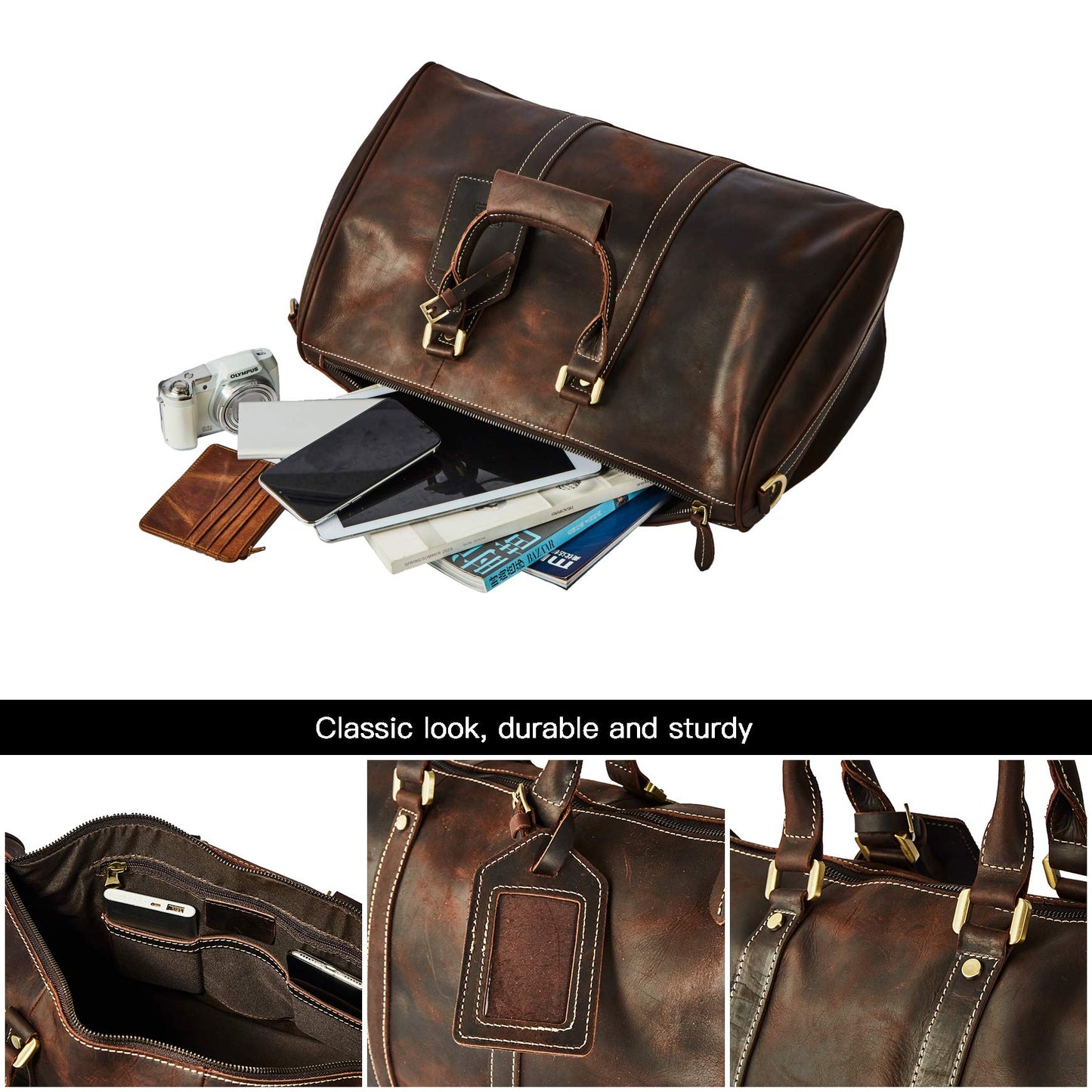 Grain Leather Duffel Bag Vintage Handmade Overnight Excursion Travel Weekend Business Trip Bag Gift for Men with Shoulder Strap