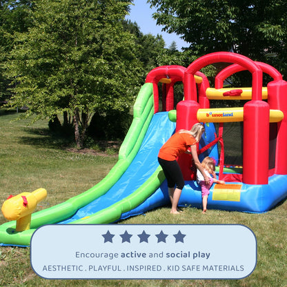 Inflatable Bounce House or Water Slide Wet or Dry with Sun Roof, Ball Pit 30 Balls, Water Gun, Fun Bouncing Area with Basketball Hoop, Long Slide with Climbing Wall, UL Certified Blower Included