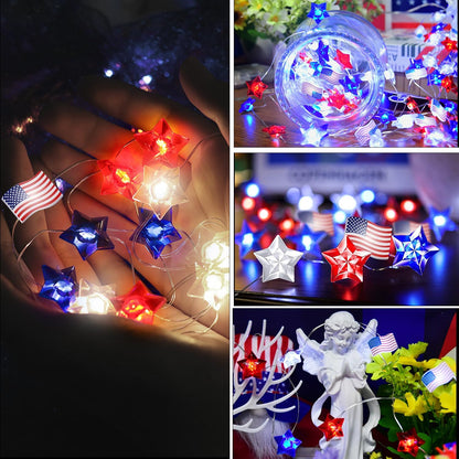 2 100 4th 34Ft 8 PASUTO Pcs LED of July Decorations American Flag & Star Fairy Lights Battery Operated, Mini Red White
