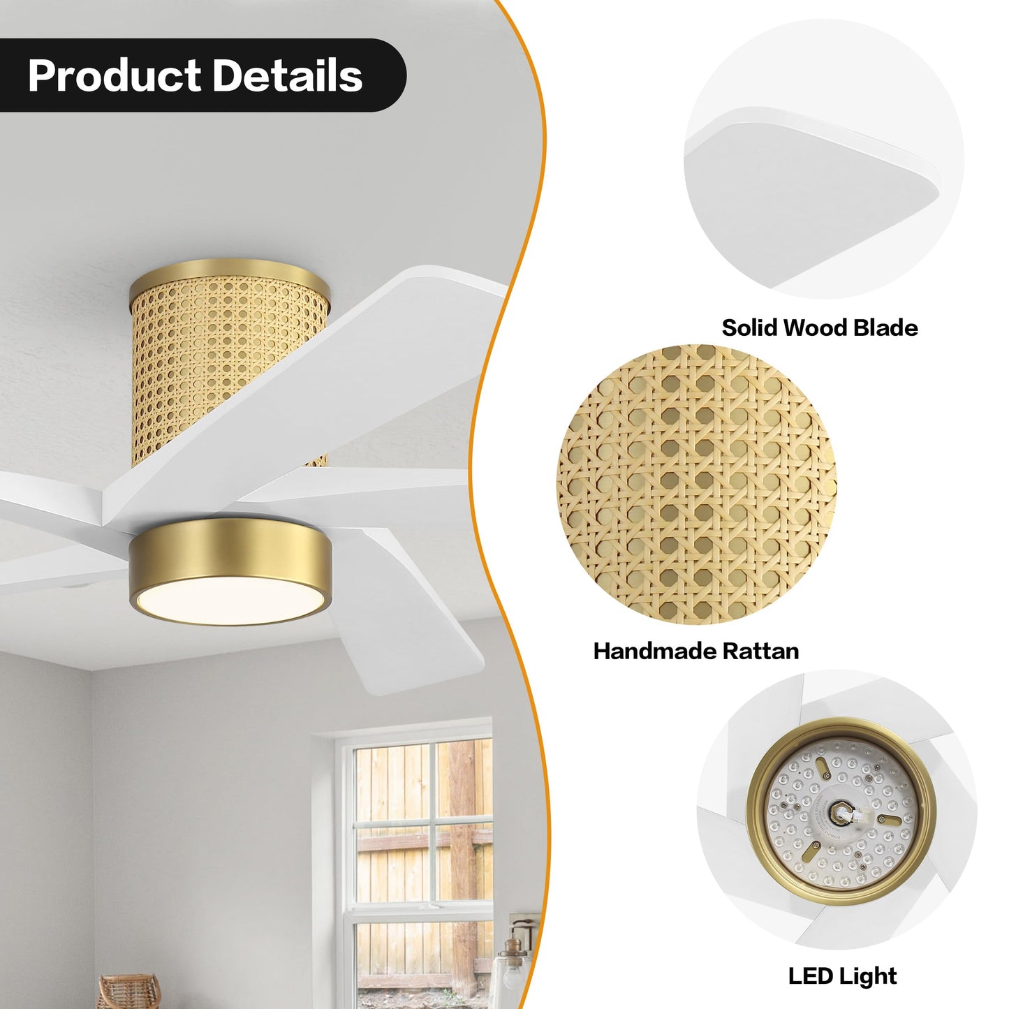 WINGBO 54 Inch Flush Mount Rattan Ceiling Fan, 3CCT Dimmable Light, 5 Carved Wood Blades, 6-Speed Reversible DC Motor, Modern Ceiling Fans for Indoor, Aged Brass Finish and White Blades