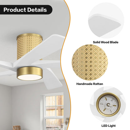 WINGBO 54 Inch Flush Mount Rattan Ceiling Fan, 3CCT Dimmable Light, 5 Carved Wood Blades, 6-Speed Reversible DC Motor, Modern Ceiling Fans for Indoor, Aged Brass Finish and White Blades