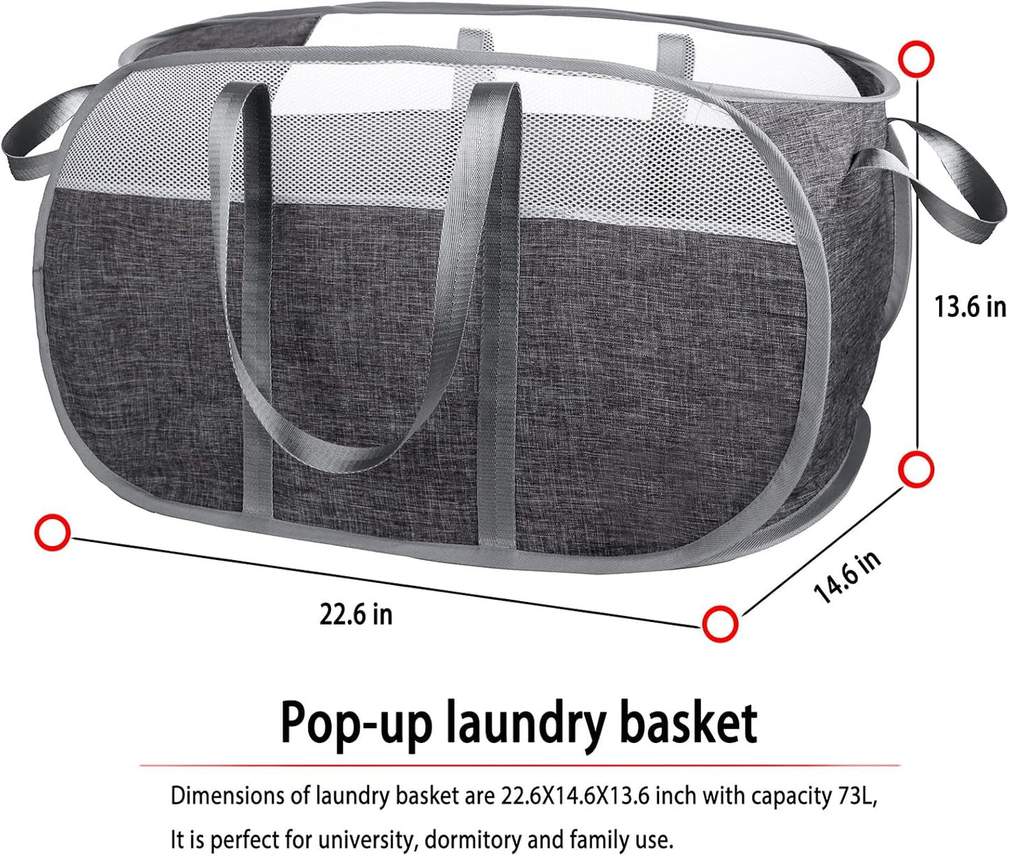 Pop-Up Laundry Basket with Durable Handles, Collapsible Mesh Laundry Hamper, Cationic Gray