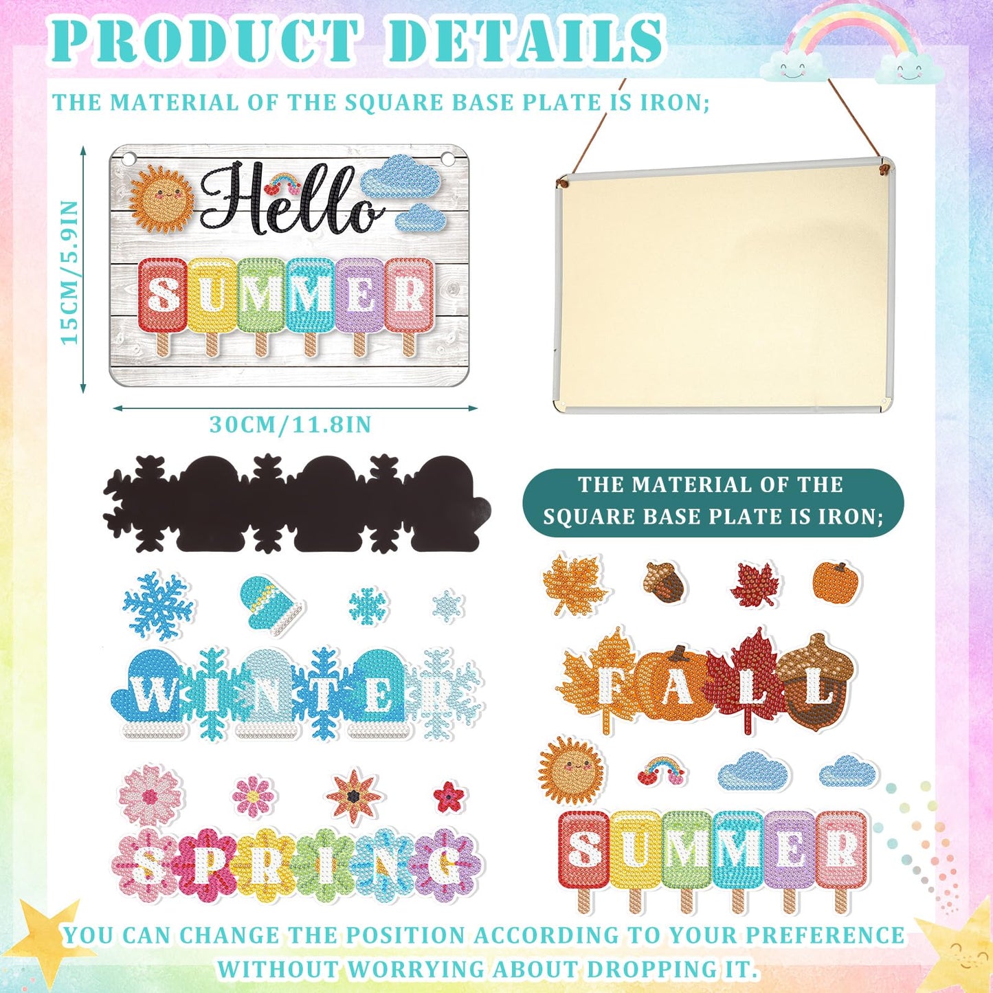 MiniInflat Hello Spring Interchangeable Sign Seasonal Diamond Art Painting Kits with 20 Interchangeable Magnetic Decor Farmhouse Spring Wall Hanging Diamond Painting Sign for Home Decoration(White)