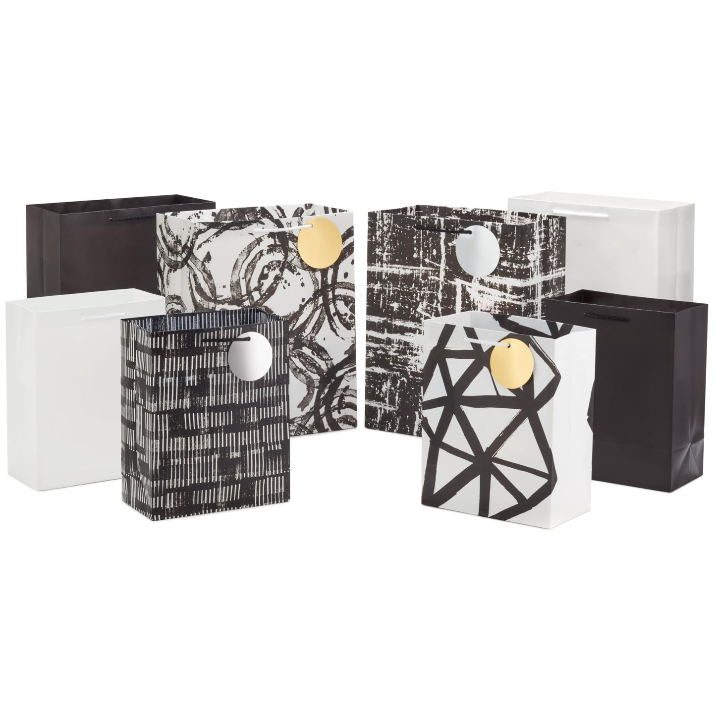 Hallmark Assorted Black and White Gift Bags (8 Bags: 4 Medium 9", 4 Large 13") for Valentine's Day, Weddings, Graduations, Retirements, Halloween