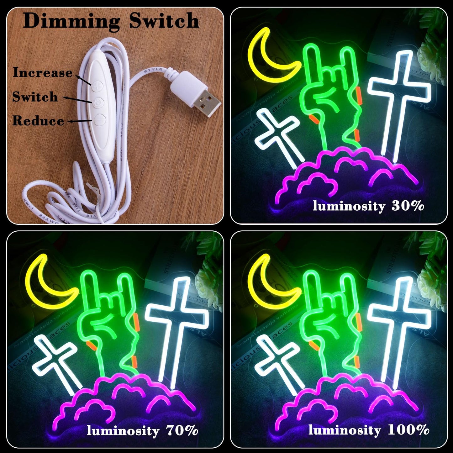 Halloween Devil Neon Sign Rock Gesture Cross With Moon and Cloud Neon LED Lights Zombie Spooky All Saints' Day Wall Neon Lamp for Halloween Party Bedroom Home Bar Pub Amusement Park Decor
