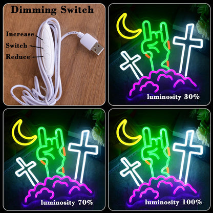 Halloween Devil Neon Sign Rock Gesture Cross With Moon and Cloud Neon LED Lights Zombie Spooky All Saints' Day Wall Neon Lamp for Halloween Party Bedroom Home Bar Pub Amusement Park Decor