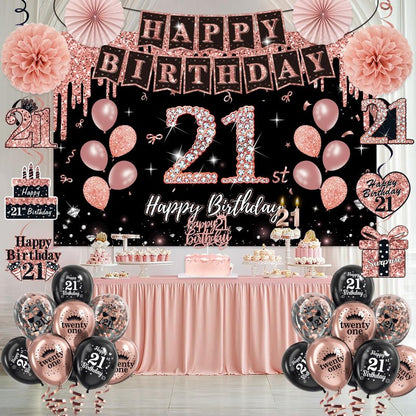 21st Birthday Decorations for Her,50Pcs PRE-STRUNG Rose Gold Black Party Set-21 Years Old Crown and Sash,Banner,Hanging Swirl,Backdrop Decor,CakeTopper,Age Candle, Balloons,Paper Fans,PRE-ASSEMBLED