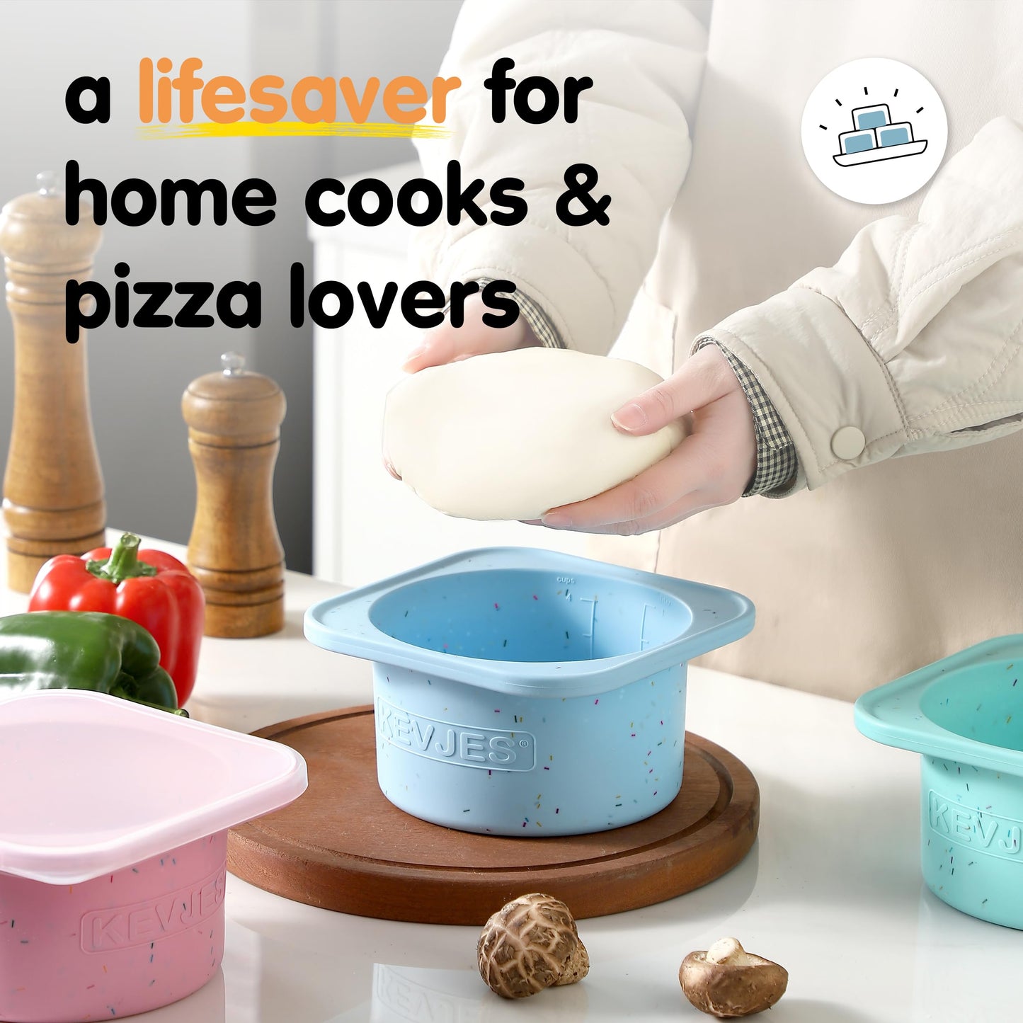KEVJES PLUS 1000ml Pizza Dough Proofing Containers for DIY family Artisan Pizza, Food Grade Silicone Stackable Boxes with Lids, Freezer, Fridge, Dishwasher Safe-Sprinkles Pattern-3 Pack (Aqua)