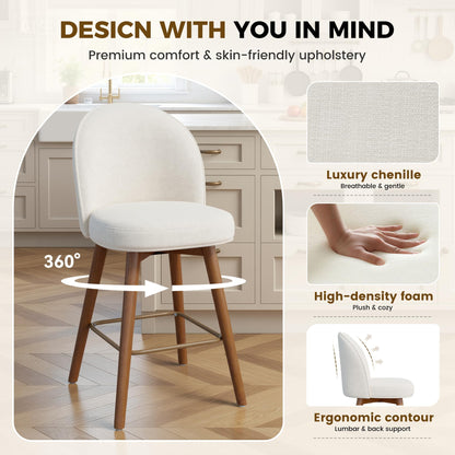 Daluvenix Modern Swivel Bar Stools Set of 3, Chic Upholstered Counter Height（26IN） Bar Chair with Back, Solid Wood Legs and Footrest, Comfortable Chenille Bar Stool for Kitchen Island, Cream White