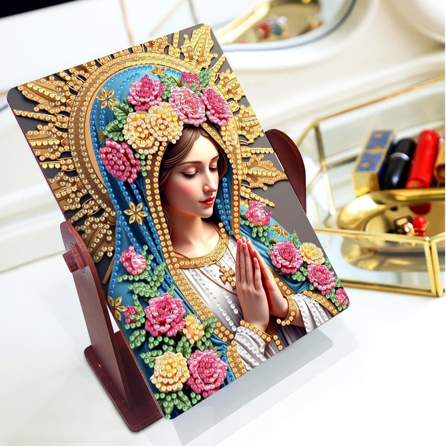 pigpigboss Virgin Mary Diamond Painting Rotate Mirror Kit, 5D DIY Religious Rose Virgin Mary Pray Diamond Art Makeup Mirror for Adult Beginner Home Office Holiday Desktop Decor