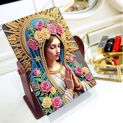pigpigboss Virgin Mary Diamond Painting Rotate Mirror Kit, 5D DIY Religious Rose Virgin Mary Pray Diamond Art Makeup Mirror for Adult Beginner Home Office Holiday Desktop Decor
