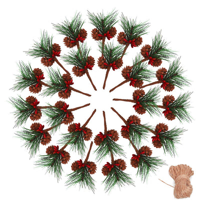 Geefuun 24Pieces Christmas Artificial Pine Needle/Pick Decorations 1 Pack Jute Twine Rope - Xmas Party Gift Wrapping Decor Wreaths Arrangement Tree Ornaments Wedding Supplies