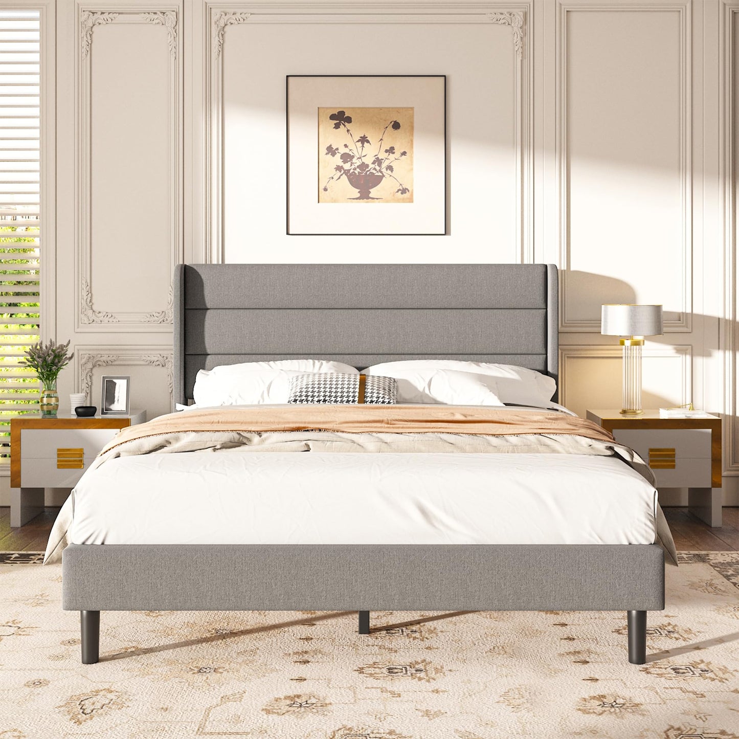 Mxhtcewz Queen Size Upholstered Platform Bed Frame, Modern Linen Fabric Bed with Wingback Headboard, Sturdy No Wobble, Noise-Free & Easy Assembly, No Box Spring Needed, Gray