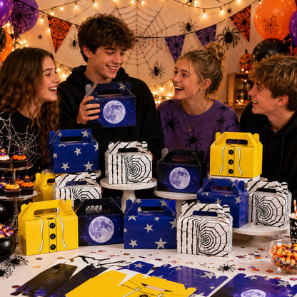 24 Pcs Spooky Themed Party Favor Boxes Cartoon Movie Theme Treat Paper Boxes Spider Star Moon Button Paper Box Halloween Supplies Spider Birthday Themed Favor Box for Celebration Party Supplies