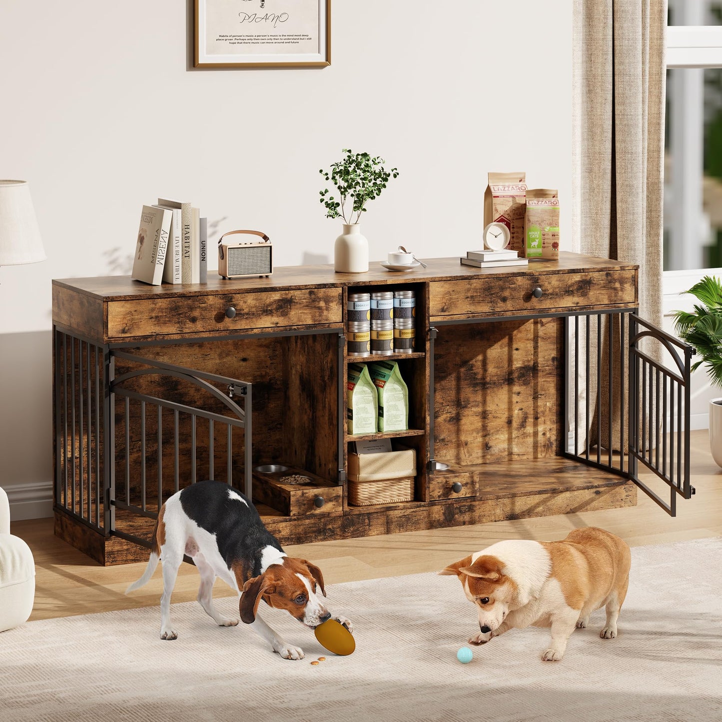 GarveeHome Dog Crate Furniture for 2 Dogs, Dog Kennel Indoor with Storage and Feeding Bowls, Double Dog Crate TV Stand for Small Medium Dogs, Brown