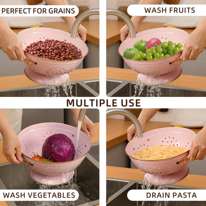 Metal Colander Set of 2, Strainer Basket with Handles 3.5 & 5 Qt Powder Coated Self-draining Solid Ring Base Metal Large Kitchen Colander Bowel for Pasta Vegetable Fruit (PINK)