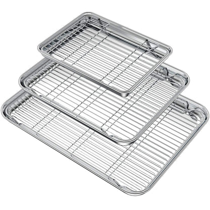 Wildone Baking Sheet with Rack Set (3 Pans + 3 Racks), Stainless Steel Baking Pan Cookie Sheet with Cooling Rack, Non Toxic & Heavy Duty & Easy Clean