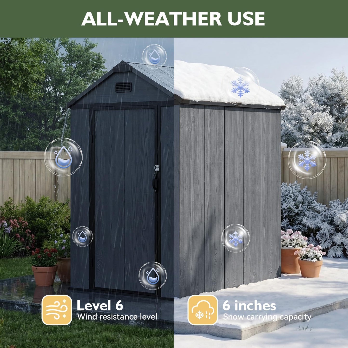 Aoxun 4x6 FT Resin Shed with Reinforced Floor, Built-in Magnetic Suction Light, All-Weather Plastic Outdoor Storage Shed, Lockable Door, Window & Vents for Garden, Patio, Bike & Garbage Can, Dark Gray