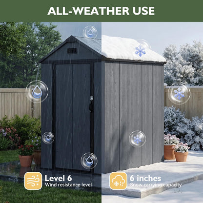 Aoxun 4x6 FT Resin Shed with Reinforced Floor, Built-in Magnetic Suction Light, All-Weather Plastic Outdoor Storage Shed, Lockable Door, Window & Vents for Garden, Patio, Bike & Garbage Can, Dark Gray