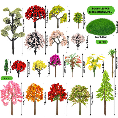 QUOZUO 42Pcs Model Miniature Trees with Moss Stones, Model Train Scenery, Mixed Model Colourful Trees for Building Model, Natural Green Landscape, Railroad Scenery