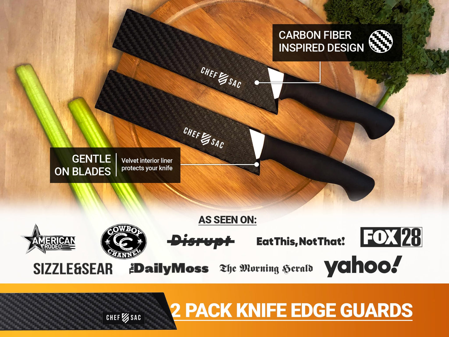 Knife Edge Guards, Universal Knife Sheath Covers, Professional Kitchen Chef Knife Protector Set, Blade Guard, BPA-Free ABS Plastic, Non-Scratch Felt Lining (2-Pack, 8.5")