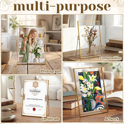 Vicenpal 3 Pack Glass Pressed Flower Frame Handmade, 6 x 8 Floating Picture Frames for Pressed Flowers, Brass Double Glass for Tabletop Display, Home Office Plant Specimen, Photos(Gold)