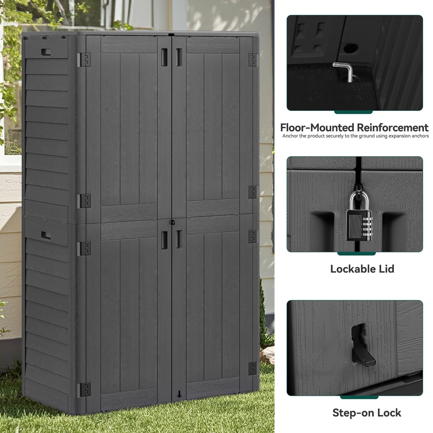 YITAHOME 60 cuft Vertical Outdoor Storage Shed with Shelf, Large Waterproof Storage Cabinet for Garden Shed, Tall Outdoor Storage Shed for Garage, Pool Storage, Resin, Lockable, Dark Gray