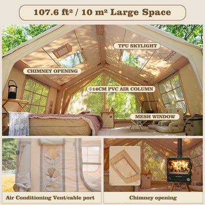 Coody 10.0 Inflatable Canvas Camping Tent for 2–4 People – Premium Air Beam Glamping Tent with Stove Jack, Breathable TC Cotton Canvas, Fast Setup Inflatable Family Tent with Pump, Beige