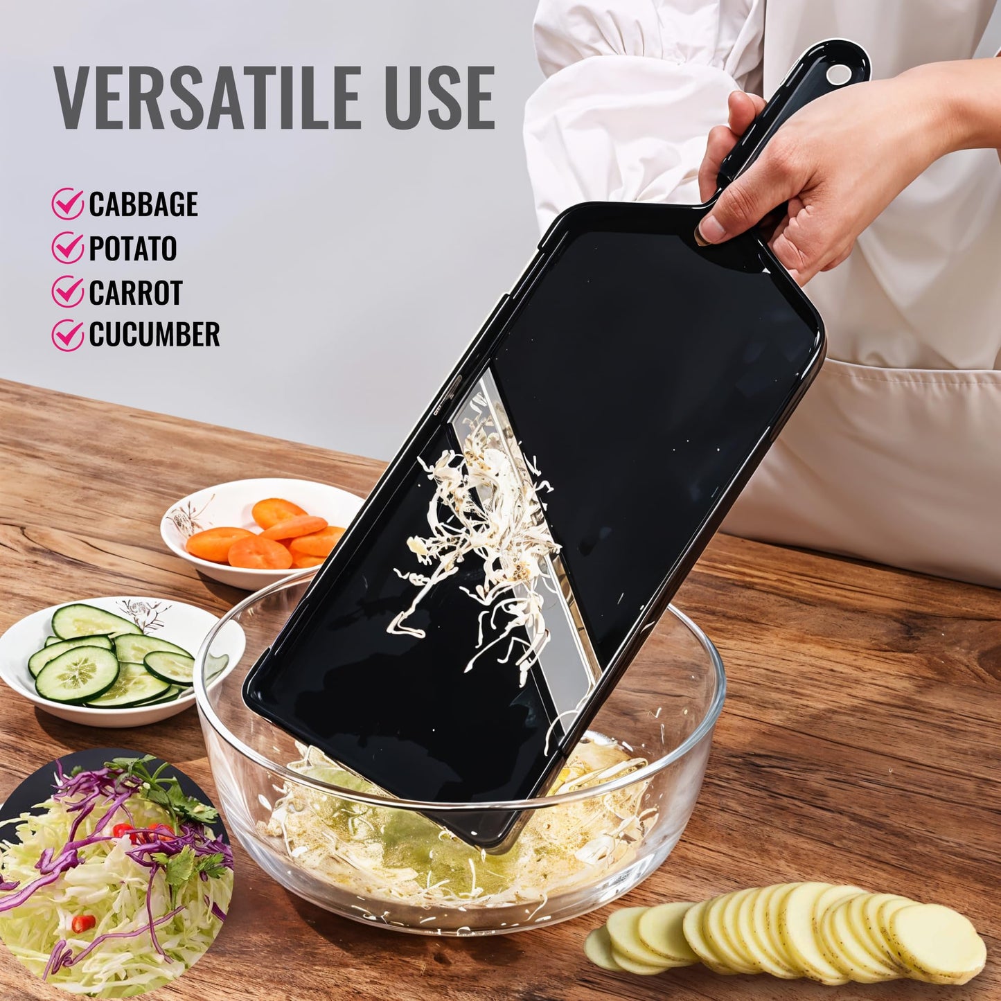 Cabbage Slicer Smart Ultra-Thin Julienne - 0.04 inch Professional Thin Sauerkraut Coleslaw Cutter Japanese Stainless Steel Blade Food Fruit Slicing Shredder
