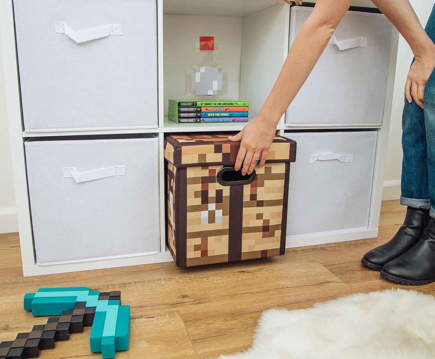 Minecraft Crafting Table 13-Inch Storage Bin Chest with Lid, Foldable Fabric Basket Container, Home Decor Essentials