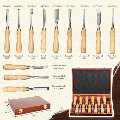 12Pcs Wood Carving Tools Set with 60Cr-V Steel Blades & Premium Wooden Gift Box - Wood Chisel Sets for Woodworking Beginners and Professionals