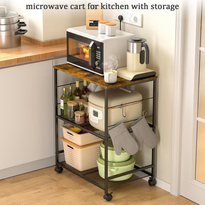 Rolling Kitchen Microwave Cart, 3 Tier Microwave Table Stand with Storage, Kitchen Utility Cart on Lockable Wheels, Small Coffee Cart Shelf Rack Organizer for Living Room Office, Balcony