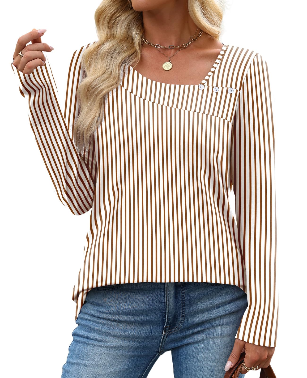 OFEEFAN Long Sleeve Shirts for Women Fall Clothes Asymmetric Square Neck Tunic Tops Decorative Buttons