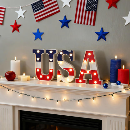 NWLIGHT Light Up letters 4th of July Marquee Lights for Independence Day LED Battery Operated Letter Lights Patriotic USA Letters Holiday Table Centerpiece Home Decoration