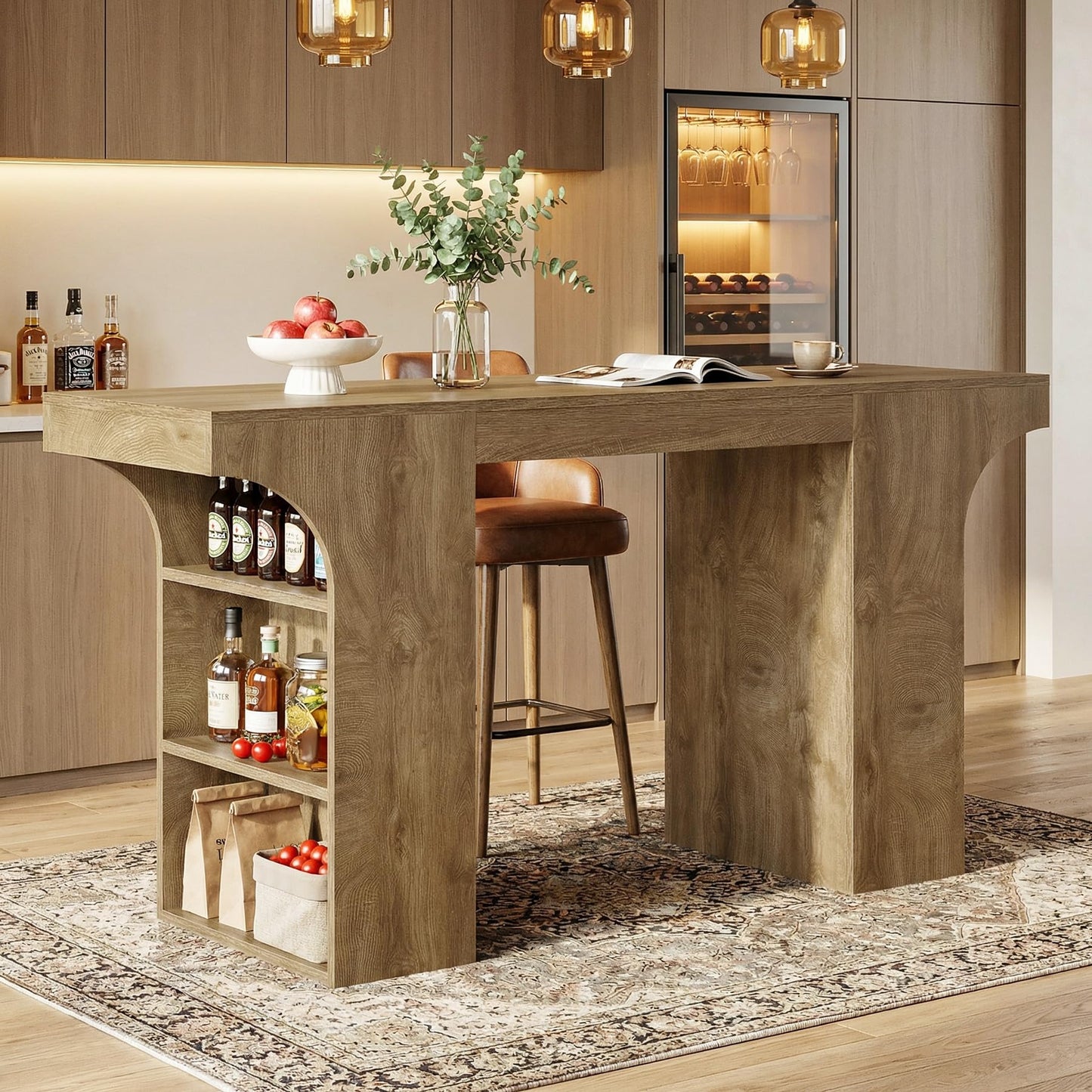 Tribesigns Bar Height Table with Storage Shelves, 63-Inch Counter Height Pub Table, Rectangular High Top Tables for Dining Room, Kitchen, Bistro, Balcony, Brown