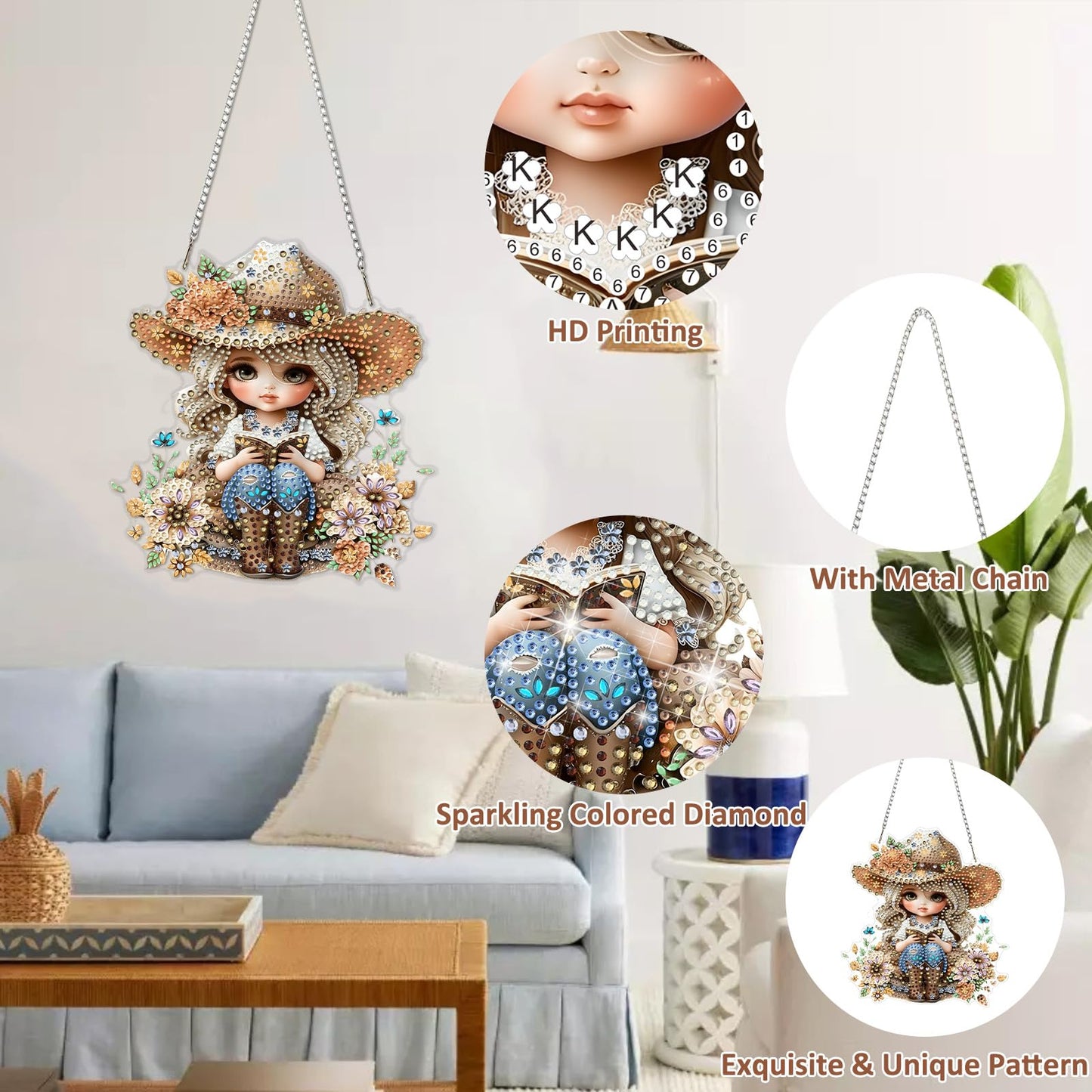 DOMROM Cowgirl Diamond Art Hanging Kits for Adults Beginners, Special Shaped Crystal Diamond Painting Cowgirl Pendant, DIY Diamond Art Suncatchers for Home Garden Wall Decor Gift