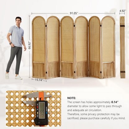 Asnefeli 6 Panels Room Divider, Folding Privacy Screen, Foldable Wood Rattan Room Divider Panel, Portable Partition Screen Wall Divider for Room Separation Bedroom Home Office Garden Terrace (Natural)