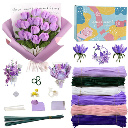 ZFTFZ Purple DIY Pipe Cleaners Bluk Craft - 500pcs Chenille Stems (6 Colors), 25 Floral Stems & Stamen - Includes Mesh, Wrapping Paper & Gift Box for Handmade Rose/Tulip Art