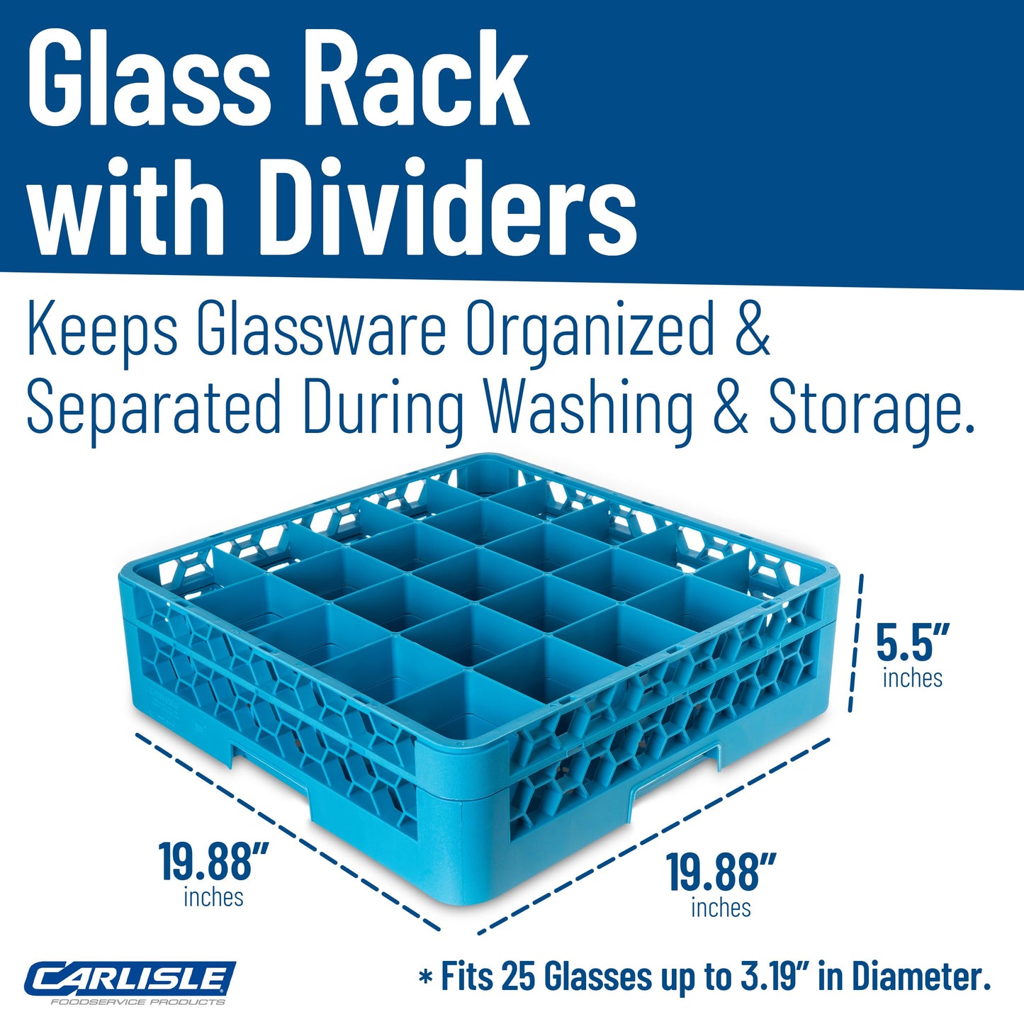 Carlisle FoodService Products Opticlean 25-Compartment Glass Rack with 1 Extender, Blue , 5.56"