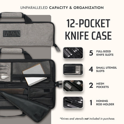 Asaya Chef Knife Roll Bag - 12-Pocket Chefs Case for Kitchen Knives and Utensils, Lightweight Stain-Resistant Waxed Nylon Chef Knife Bag - Knives Not Included (Grey)