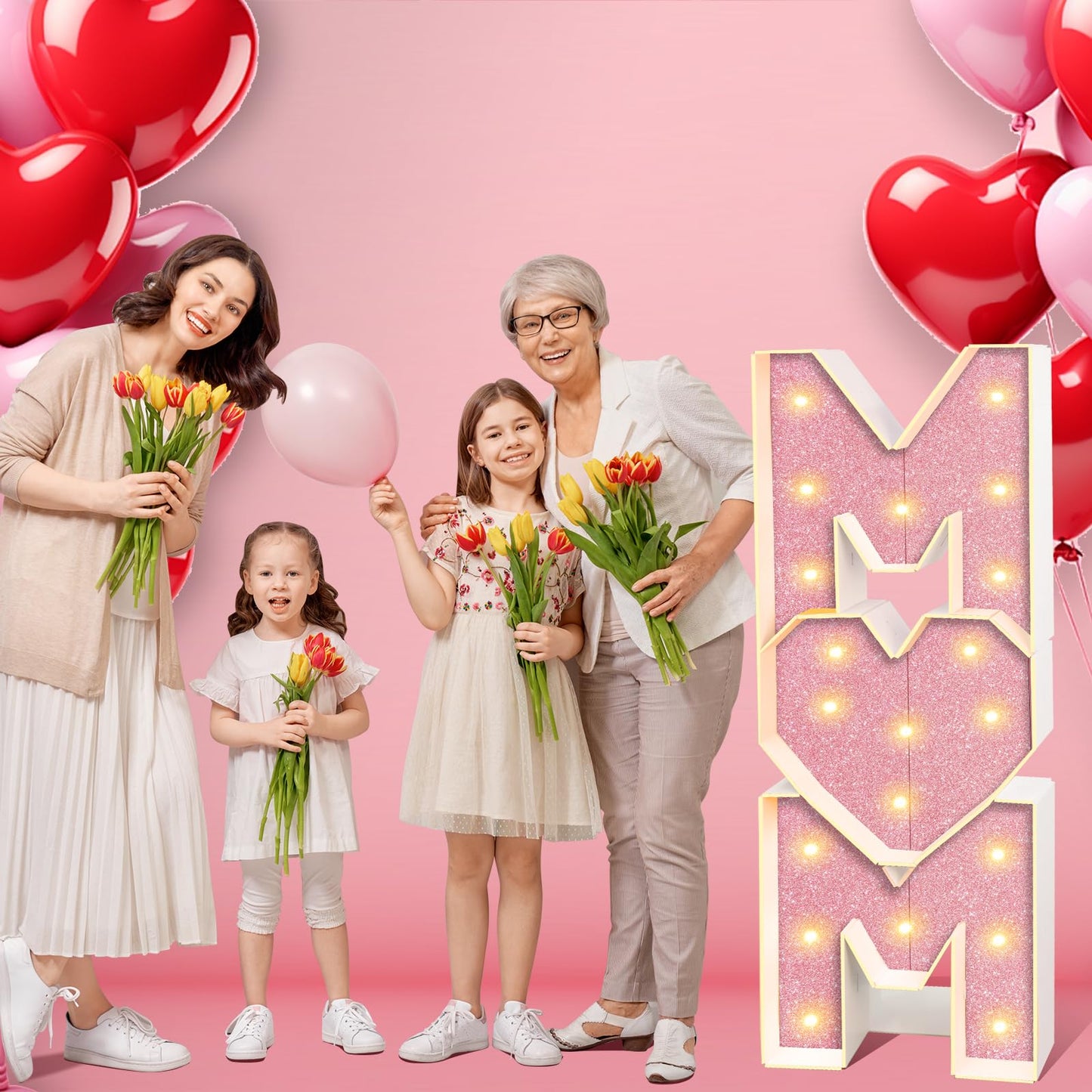 Mother’s Day Decorations LED Letter Lights, 4 Feet Tall ‘MOM’ Marquee Letters Lights Large Heart Sign for Mother’s Day Wall Deor Birthday Party Decorations Supplies, Pink