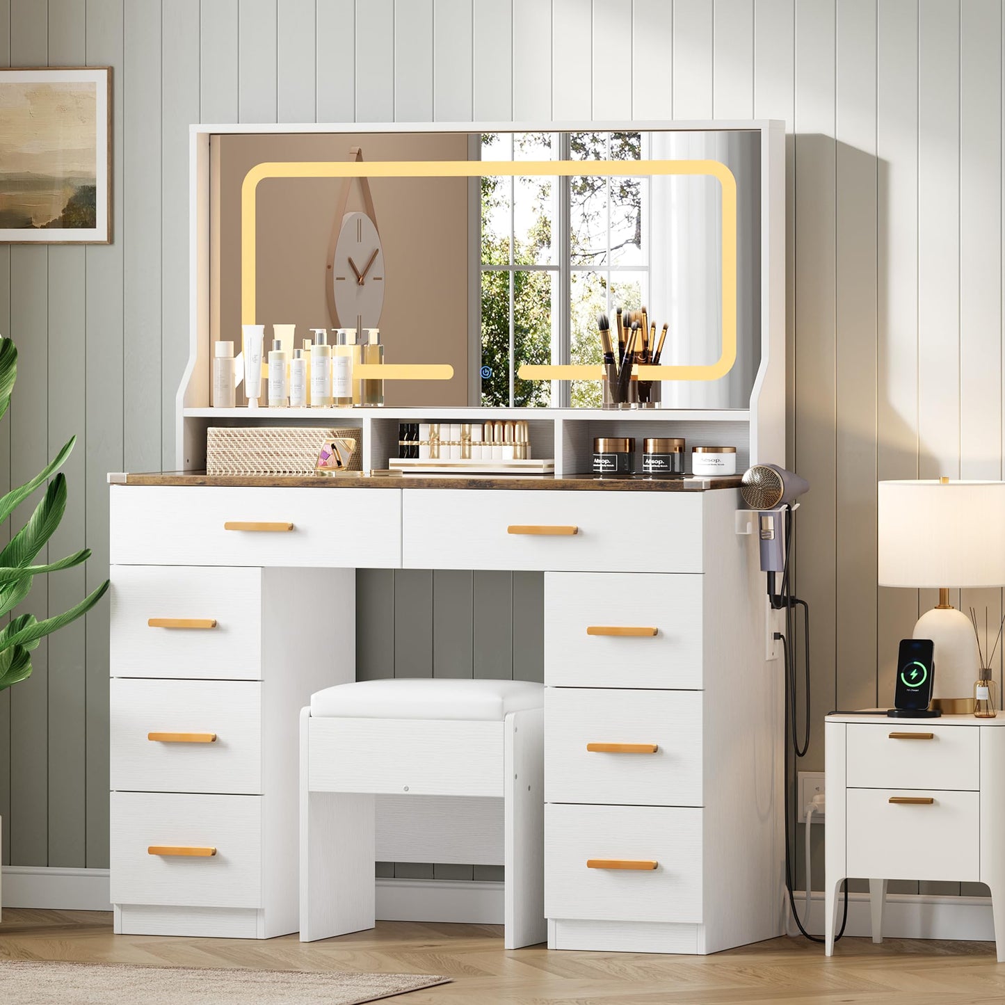 GAOMON Makeup Vanity Desk with Large Lighted Mirror, Vanity Desk with Glass Tabletop, 8 Drawers & 3 Storage Shelves, Vanity Set with Built-in Power Outlet for Bedroom & Dressing Area, White & Rustic