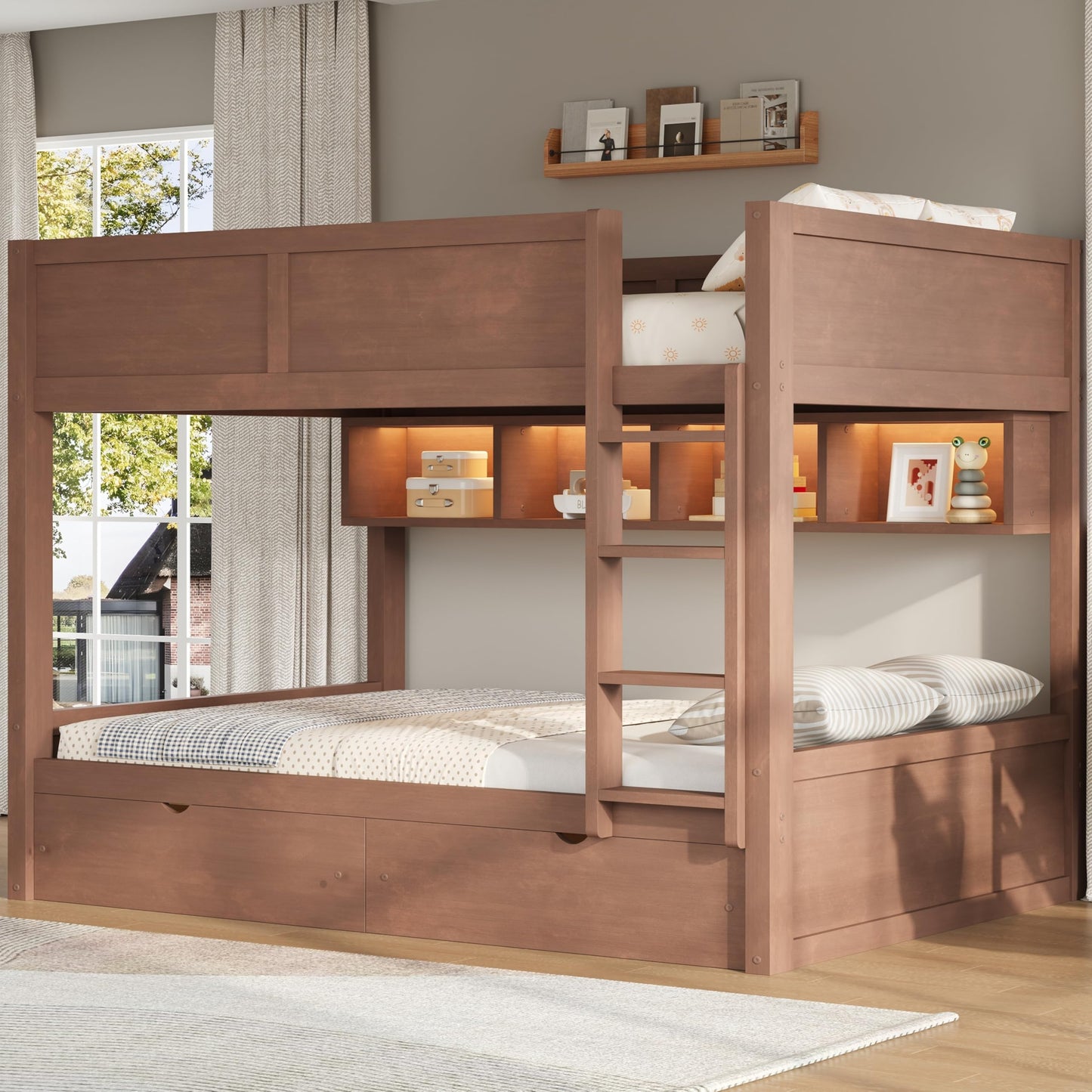 Merax Full XL Over Full XL Wood Bunk Bed Frame with Ladder,Storage Shelves & Drawers for Teens, Modern Low Bunk Bed with Solid Slats, Guardrail, No Box Spring Required, Easy Assembly, Brown