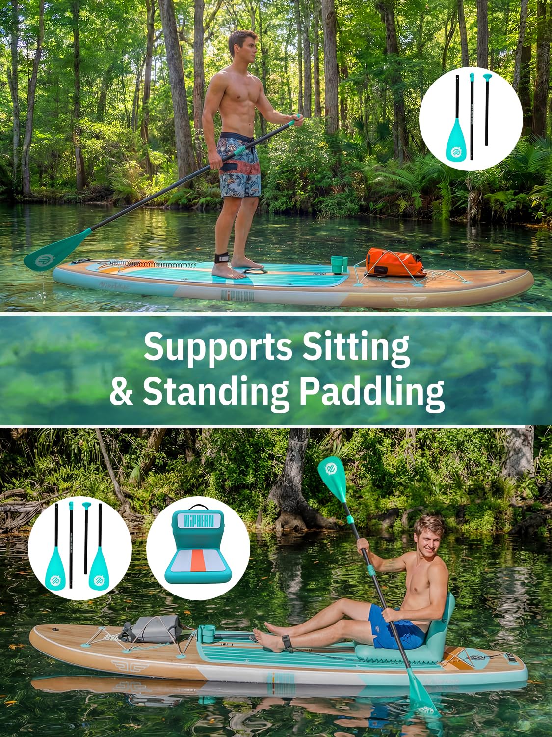Niphean (Extra Large) Inflatable Paddle Board, SUP for 2+1 People/Family 500lbs Capacity Stand Up Paddle Board with SUP Accessories, StabilTrac Fin Non-Slip Paddleboard for Adults-Classic Wood
