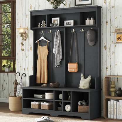 Ball & Cast 59.1" Hall Tree with Bench and Shoe Storage,3-in-1 Entryway Cabinet with Metal Hooks,Modern Coat Rack with Shoe Cubbies for Mudroom,Living Room,Hallway,Black